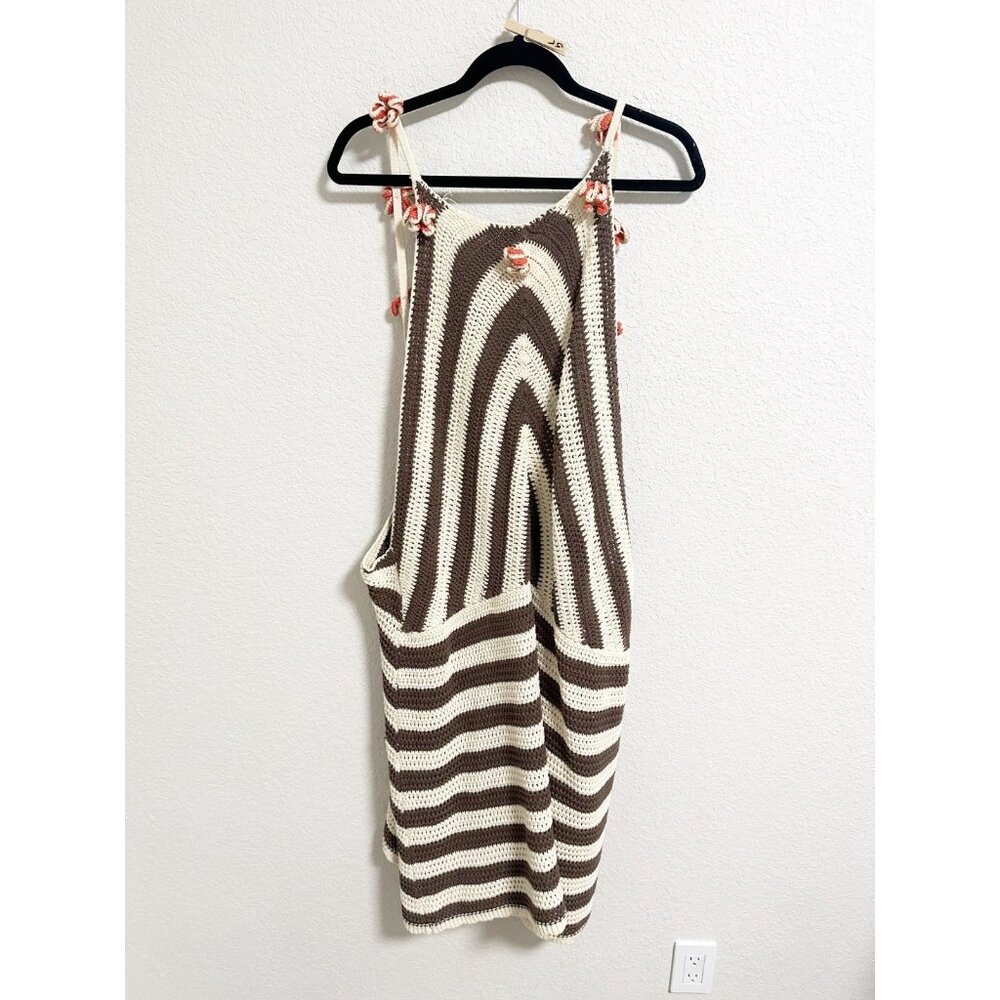 Celandine Anthropologie Womens Crochet Halter Mini Dress Striped Brown Cream 3X - Picture 2 of 8